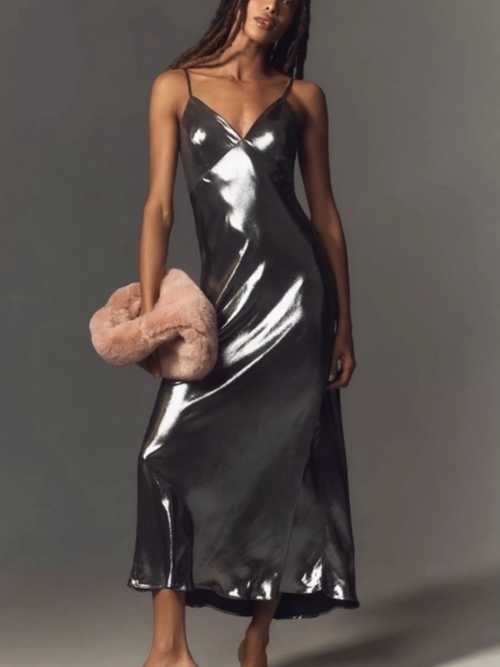 Anthropologie Metallic Black Slip Midi Dress